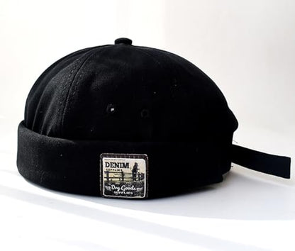 Mens Docker Cap – Brimless Beanie Skull Cap Retro Rolled Cuff Adjustable Cotton - color: Label Denim