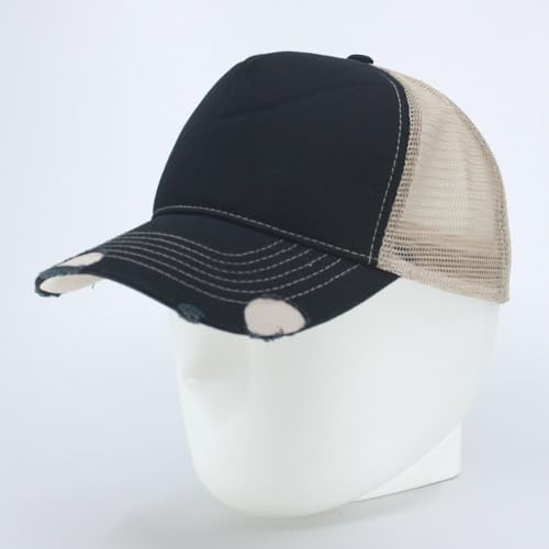 The Vintage Year Plain Cotton Structured Mesh Adjustable Trucker Sports Baseball Cap - color: Distressed Black/Khaki