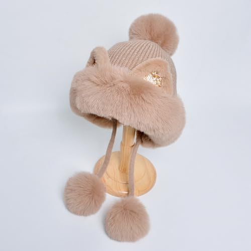 Outdoor Warm Earflap Beanie Hat with Brim Baseball Slouchy Knitted Visor Skull Caps for Women Men Black - color: Khaki