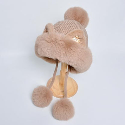 Outdoor Warm Earflap Beanie Hat with Brim Baseball Slouchy Knitted Visor Skull Caps for Women Men Black - color: Khaki