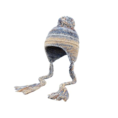 yolrdiw Women's Boho Crochet Colorful Hat Tassel Braid Winter Knit Beanie with Ear Flaps Pom Pom - color: Blue