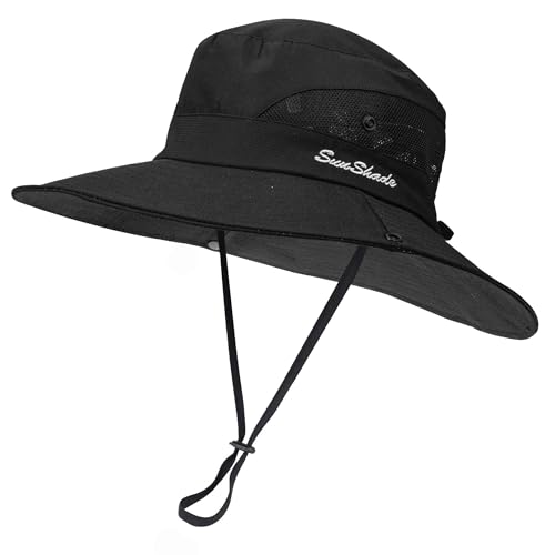 Women's Outdoor-UV-Protection-Foldable-Sun-Hats-Wide-Brim Hat Ponytail-Hole - color: Black