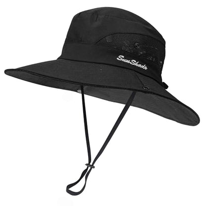 Women's Outdoor-UV-Protection-Foldable-Sun-Hats-Wide-Brim Hat Ponytail-Hole - color: Black