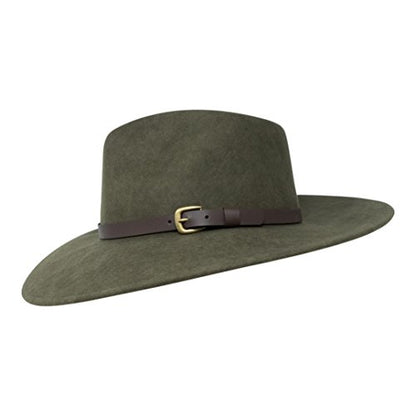 B&S Premium Lewis - Wide Brim Fedora Hat - 100% Wool Felt - Water Resistant - Leather Band - color: Olive Green, size: 7 3/4