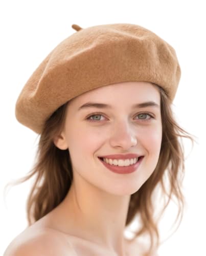 Wool French Beret Hats for Women Classic Winter Beanie Cap - color: Camel