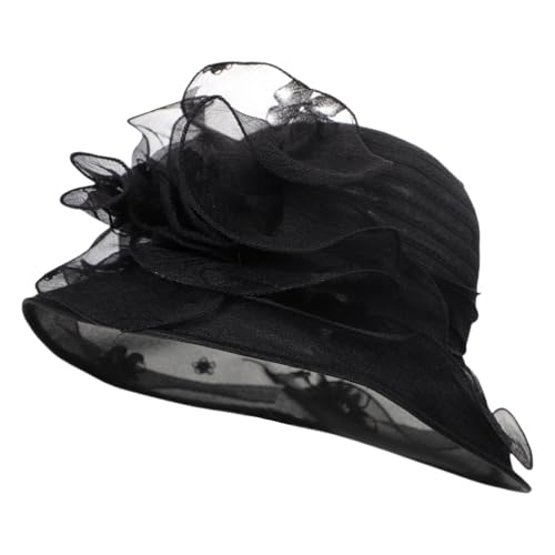 Women's Organza Sun Hat Vintage Floral Derby Church Hat Wide Brim Bucket Fascinators for Tea Party Wedding Cocktail - color: Black