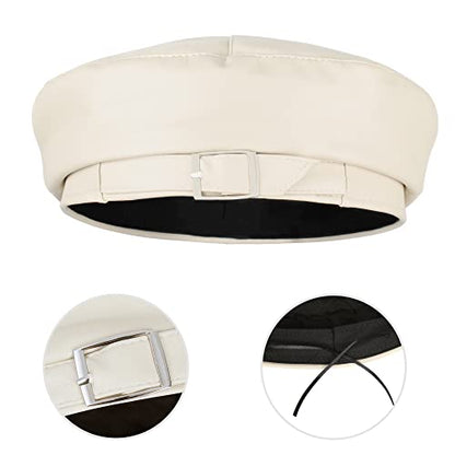 Women Buckle Spring Fall Winter Faux Leather Beret Classic British Style Hat - color: White