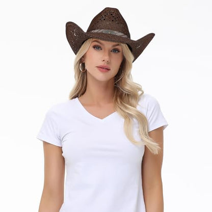 WQWOVRVO Cowboy Hat,Cowgirl Hat,Cowboy Hats for Women/Mens/Straw Wide with Shapeable Brim Western Cowboy Hat for Womens - color: Brownish Color