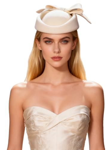 Wool Felt Vintage Fascinator Winter Women Elegant Pillbox Hat Bowknot Derby Church Hat Retro Fedoras - color: White 1