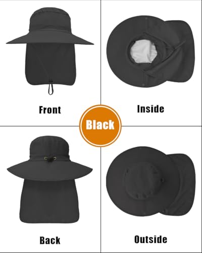 Outdoor Sun Hats with Stowable Neck Flap for Men Women UPF 50+ Mesh Summer Bucket Hat Wide Brim for Fishing Safari Hiking - color: Black
