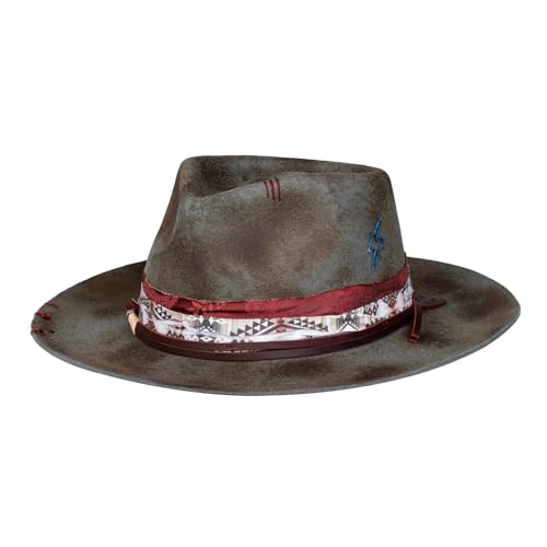 RUEDIGER Vintage Wide Brim Fedora Hats 100% Wool Stiff Felt Hat Rancher Hat with Lightning Logo Handmade Distressed/Burned - color: Grey, size: 7 1/8