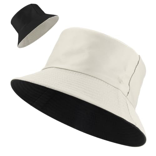 Bucket Hat for Women Men, Summer Sun Hats Foldable Reversible Fishing Hat Beach Hats for Outdoor Hiking Travel - color: Beige/Black