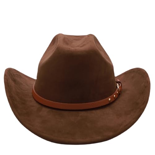 Western Cowboy Hat for Men Cowgirl Hat for Women Unisex Wide Brim Felt Fedora Hats Classic Flat Top Hats with Buckle Belt - color: B-coffee