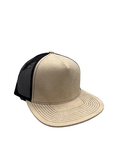 Ashen Fane Faux Suede Polyester Blend 5 Panel Classic Flat or Round Visor Adjustable Snapback Mesh Back Trucker Hat - color: Flat - Beige