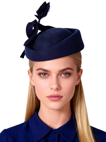 HIMESPORT Wool Felt Fascinators Hats Women Ladies Wedding Cocktail Tea Party Church Derby Cap Pillbox Hat with Feather - color: Navy Blue