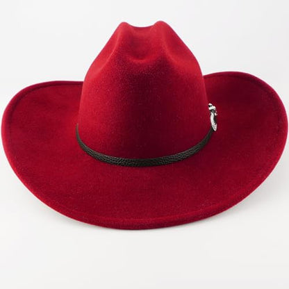 AQOKKA Western Cowboy Hats for Women Classic Felt Wide Brim Fedora Hat with Belt Buckle Retro Panama Hat Unisex Rolled up Cap - color: 1 Pc Fedora Hat : Red