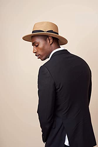 Pineapple&Star Sun Straw Fedora Beach Hat Fine Braid UPF50+ for Unisex - color: Brown_bowbk, size: Small