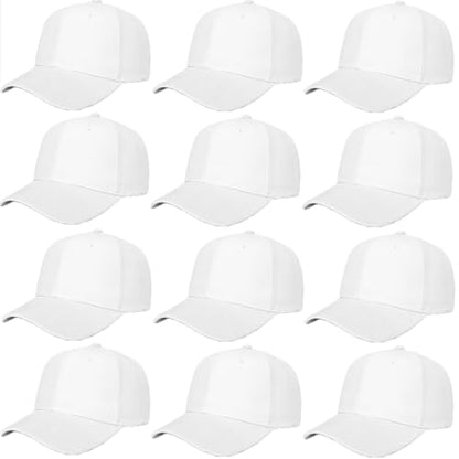 ZH Plain Adjustable Baseball Cap - Lot of 12 Unisex Blank Design Caps - color: White