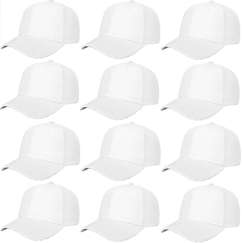 ZH Plain Adjustable Baseball Cap - Lot of 12 Unisex Blank Design Caps - color: White