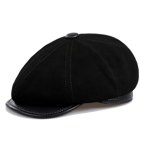Genuine Leather Newsboy Caps for Men, Real Suede Irish Cabbie Driving Ivy Flat Hat - color: Suede Black, size: 7 1/2