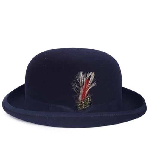 Men's Wool Fedora Hats Women Felt Bowler Derby Hat with Feather - color: Navy, size: Medium