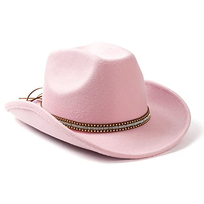 Lisianthus Women's Cowboy Felt Hat Wide Brim for Party Western - color: A Shiny-pink