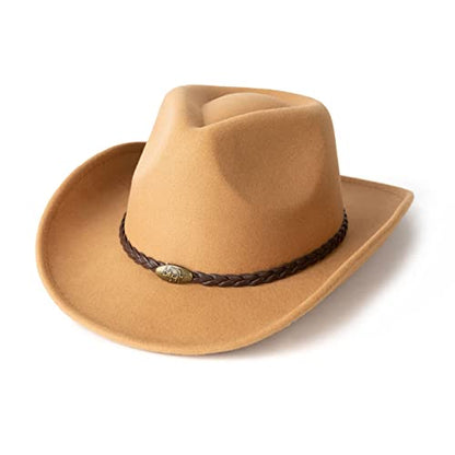 Men & Women Classic Wide Brim Western Cowboy Cowgirl Hat - color: Knit Bull/Camel