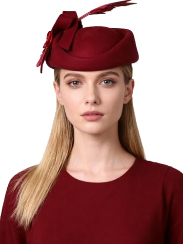 HIMESPORT Wool Felt Fascinators Hats Women Ladies Wedding Cocktail Tea Party Church Derby Cap Pillbox Hat with Feather - color: Burgundy