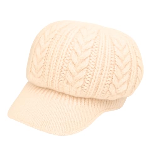 Women Knit Visor Beanie Warm Winter Hat Soft Cable Knit Cap Cozy Brim Style for Fall and Cold Weather - color: Cream