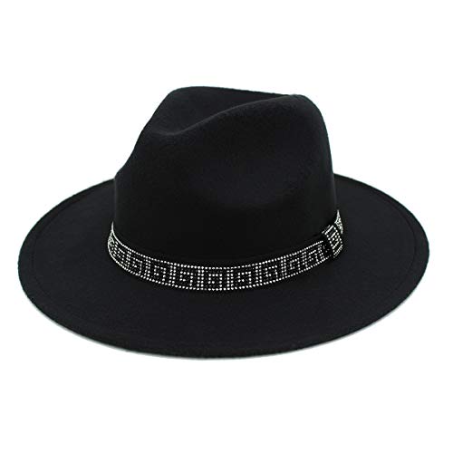 Premium 3" Wide Brim Solid Color Felt Gold Chain Fedora Panama Hat - color: Black W/ Greek Key Rhinestone Band