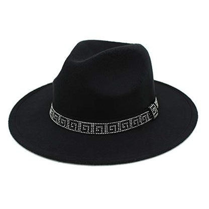 Premium 3" Wide Brim Solid Color Felt Gold Chain Fedora Panama Hat - color: Black W/ Greek Key Rhinestone Band