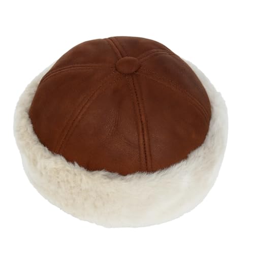 Lukkizara Winter Leather Hat Shearling Sheepskin Fur Beanie Hat - color: Cognac, size: Small