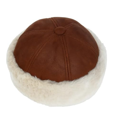 Lukkizara Winter Leather Hat Shearling Sheepskin Fur Beanie Hat - color: Cognac, size: Medium