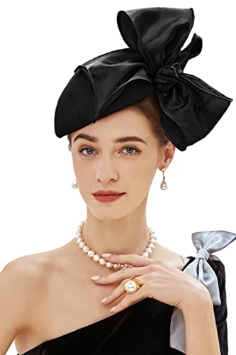 BABEYOND Fascinators Hats for Women Linen Satin Pillbox Bow Derby Tea Hat - color: Black