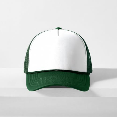 CHOK.LIDS Blank Foam Trucker Hat, Retro Mesh Rope Snapback Cap, Men Women - color: Curved Brim (White/Hunter Green)