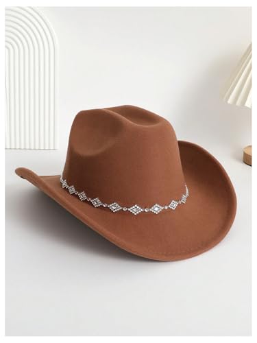 Verdusa Women's Western Cowboy Hat Rhinestone Wide Brim 2026 Cowgirl Hat - color: Brown