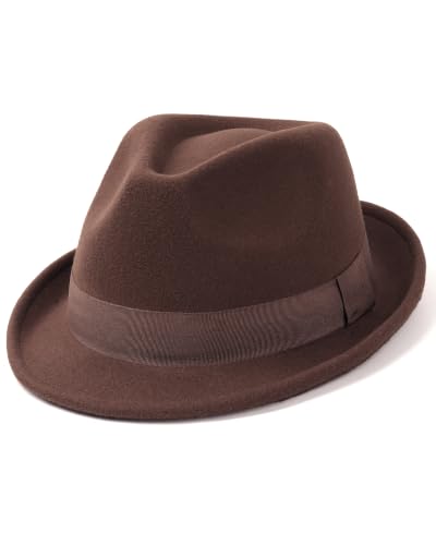 FURTALK Fedora Hats for Men Women Short Brim Felt Trilby Hat with Ribbon - color: Coffee