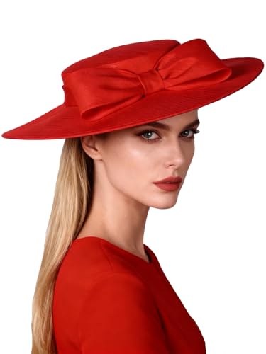 Wide Brim Hats for Women Big Bowknot Formal Occasion Kentucky Cap Lady Wedding Cocktail Party Flat Top Fedoras - color: Red