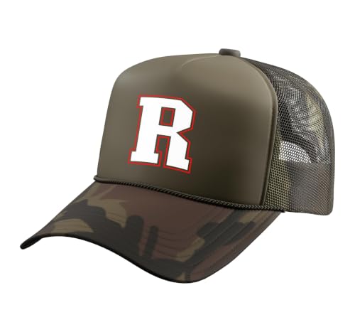 Initial R Monogram R Letter R Capital Alphabet Trucker Hat with Adjustable Mesh Back - color: Camo Green