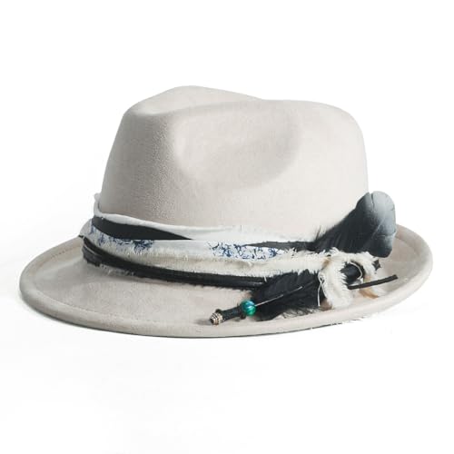 Fedora Trilby Hats for Men Women Handmade 1920s Classic Short Brim Hat with Feathers Unisex - color: Cream