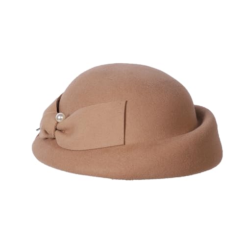 Vintage Wool Felt Cloche Bucket Bowler Hat Women Church Wedding Fascinator Formal Dress Hat Winter Fedoras - color: Camel