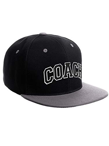 Original Team Coach Snapback Hat Classic Layered Arched Letters Flat Bill Cap - color: Black Grey Hat White Black Letters