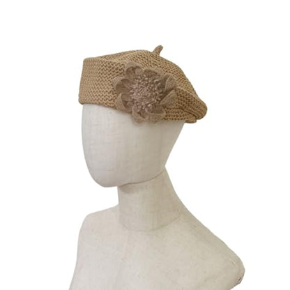 Women Summer French Beret Lady Slouchy Crochet Beret Hats 3D Flower Artist Painters Woven Beach Beanie Cap - color: Khaki