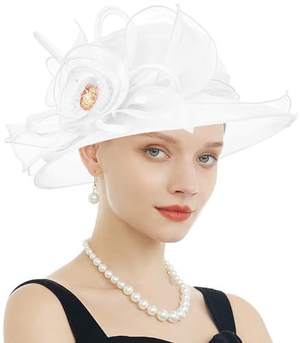 Women's Kentucky Derby Church Dress Hat Wide Brim Leaf Flower Bridal Shower Hat - color: F5 White