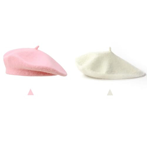 2 Pieces Beret Hat Women French Wool Beret Solid Color Beret Cap - color: Pink+white