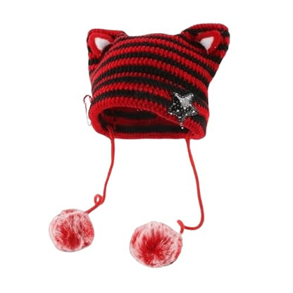 Women Kawaii Cat Ear Beanie Hat with Star Pom Poms Y2K Cute Crochet Goth Grunge Emo Alt Accessories Knit Slouchy Hat - color: Red Black