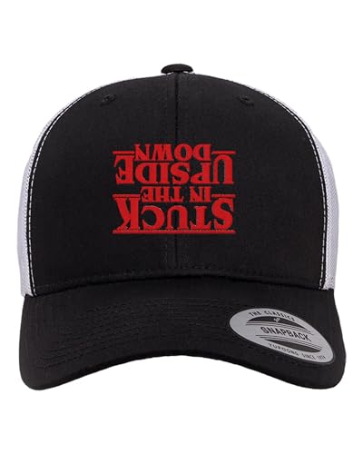 Go All Out Stuck in The Upside Down Dad Deluxe Trucker Flatbill Baseball Structured Embroidered Hat - color: Black/ White