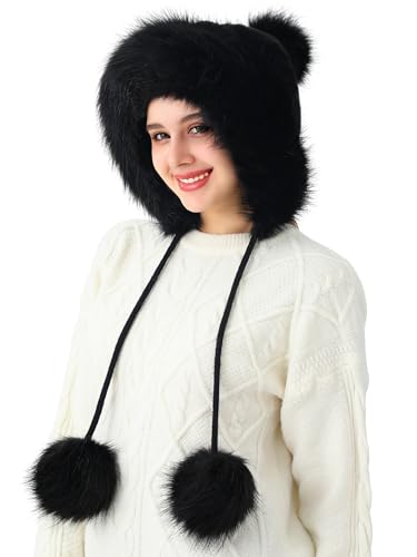LA CARRIE Women's Faux Fur Hat with 3 Pom Pom for Cold Winter SKI Earflaps - color: Black