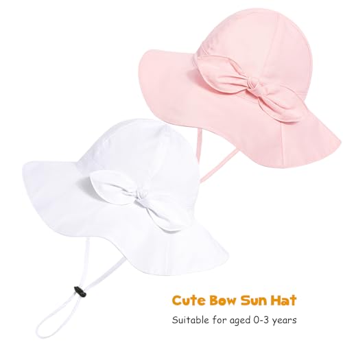 Baby Girl Sun Hat with UPF 50+ Outdoor Adjustable Beach Hat with Wide Brim Bucket Hats - color: Pink & White -2pcs, size: 12-24 Months