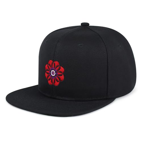 Flower Ornament Hip-Hop Snapback Hat Embroidered Baseball Cap Floral Embellishment - color: 04. Black